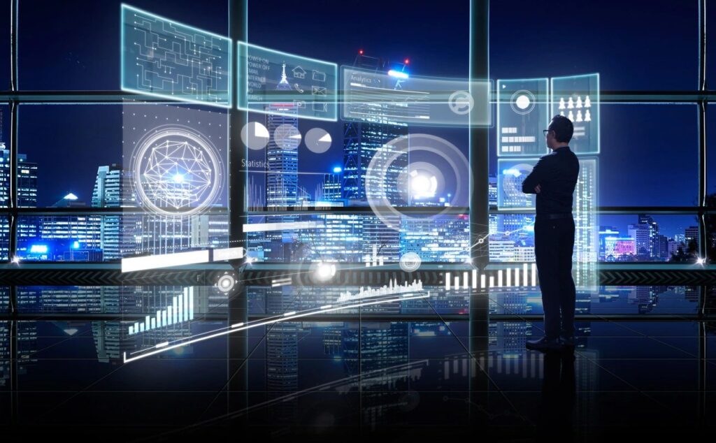 man looking at futuristic display and city background
