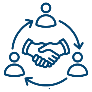 three people connected in circle with hands shaking icon